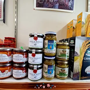 a variety of condiments on a table