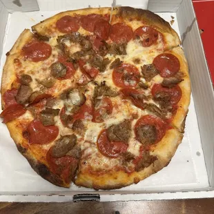 12&quot; pepperoni and sausage pizza.