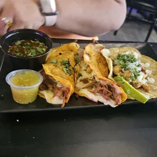 2 birria tacos, and a shrimp taco