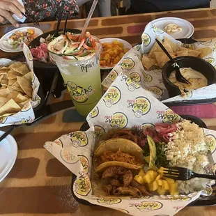 Cucumber lemonade and tacos  and choriqueso