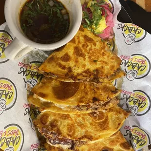 Birria Quesadilla: 4 large quesadillas with dipping sauce.