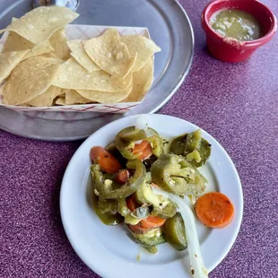 Chips, salsa verde and escabeche (seasoned just right).
