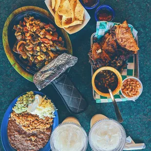 Veggie fajitas, birria and horchata.