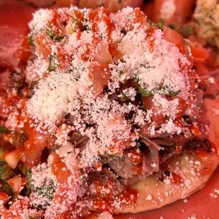 Brisket tostada! Best tostada I&apos;ve ever eaten, ever! And the crispy tortilla is so flaky and light and crunchy, mmmm!