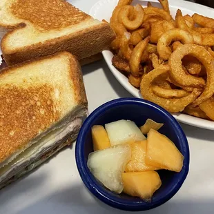 You get 2 sides w sandwiches- fruit, fries, or cottage cheese