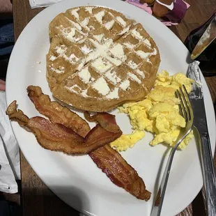 Gluten free waffle with add on of eggs and meat choice
