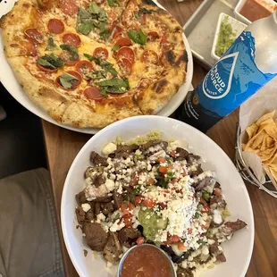 Hot honey pizza and Mexican bowl