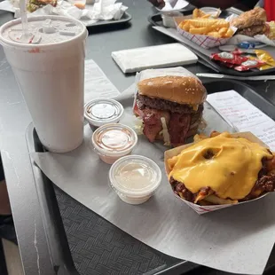 Bacon Caliburger and chili cheese fries