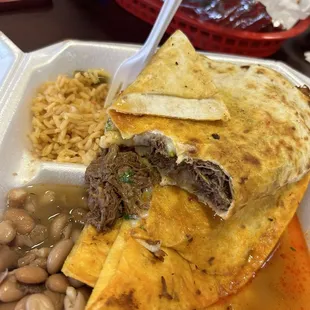 Mamalona Quesadilla w/beans and rice.