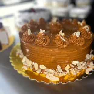 a chocolate cake with almonds on top