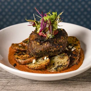Chef's Signature Cut Filet Mignon -Pan seared &amp; oven roasted  tender filet mignon with cumin potatoes &amp; a tangy vindaloo sauce