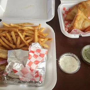 Beef/lamb gyro (spicy) fries and beef samosa.