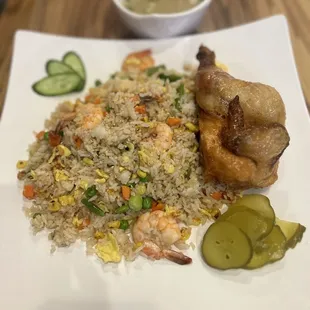 Fried rice and half chicken (added shrimp to the rice)