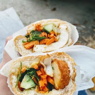 Cross section of tofu banh mi (top) and fish ball banh mi (bottom). Both were delicious.