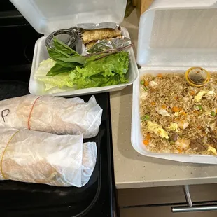 2 bahn mi, half order of egg rolls, and combination fried rice.