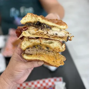 Mushroom burger, chicken sandwich with bacon
