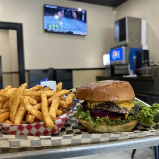 Classic burger and fries! Yum