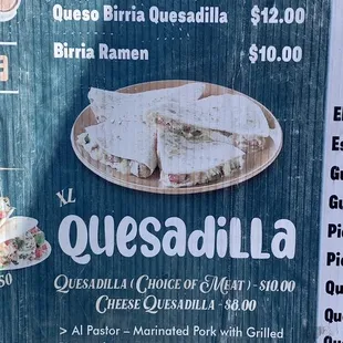 a menu for quesadilla