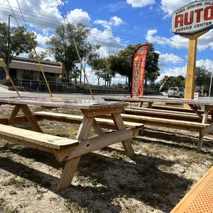 a row of picnic tables