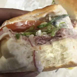 a person holding a sandwich