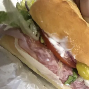 a hand holding a sandwich