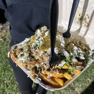 Chicken and Asada Half n Half! Half fries, Half Nachos. Definitely a plate to share..