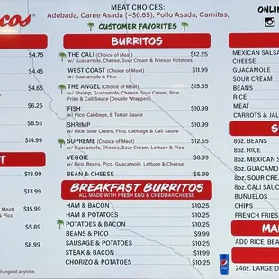 Cali Tacos Menu (as of July 1st, 2024) Santa Ana Location.