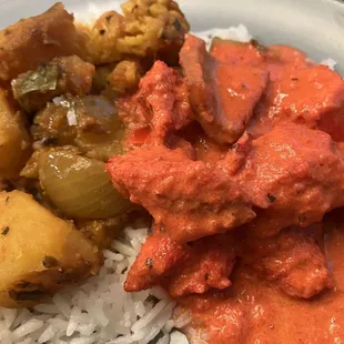 Aloo gobi, rice, chicken tikka
