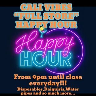 Store wide Happy Hour is back!!! Everyday from 9pm to close you can get discounts on nic and D8 disposables and carts, etc.