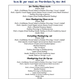 2021 Thanksgiving Holiday Menu