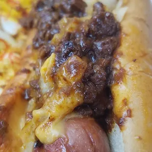 Pasadena dog with chili, cheese and raw onions.