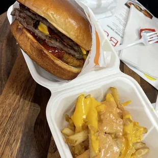 a hamburger and french fries