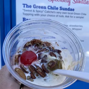 Green chile sundae with chocolate fudge added!