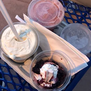 Our Big Hawaiian, watermelon smoothie, Very Berry Sundae, and water. The ice is the best!!!
