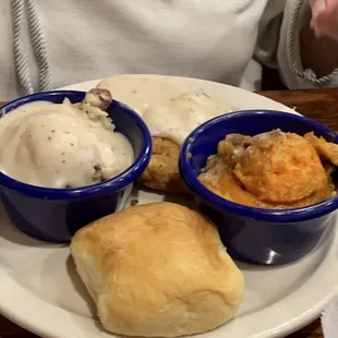 chicken fried steak, salmon portion, sweet potato casserole and mashed potatoes