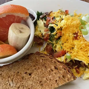 Morning Glory scramble with toast and fruit side.