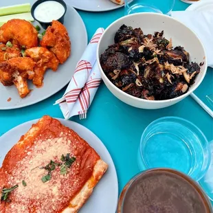 Tomato Pie, Buffalo cauliflower and Brussels sprouts