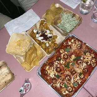 Loaded tots, Tomato Pie, Buffalo dip &amp; spinach dip