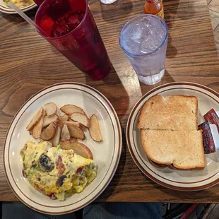 Build your own omelette, potatoes, and white toast