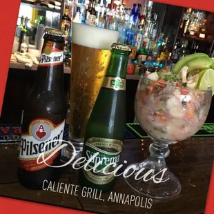 Salvadorean beers Pilsener &amp; Suprema, &amp; a Jumbo Ceviche Mixto!