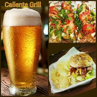 a glass of beer and a plate of food