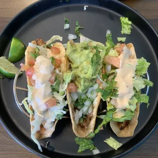 Crunchy tacos - chicken, carnitas, and grilled shrimp