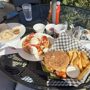 Big Breakfast Burrito, Waffle with strawberries and whip cream &amp; spicy crispy chicken sandwich.