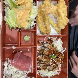 Early bird teishoku: shrimp + veggie tempura, teri beef, sashimi