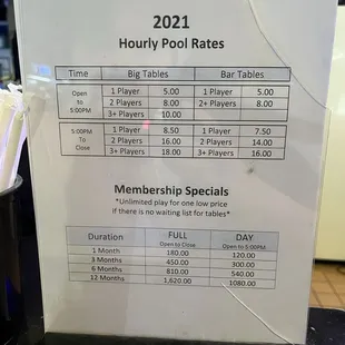 Pool table rates. Taken 10/13/24