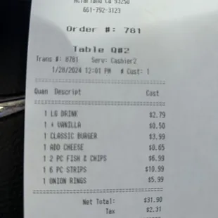 the receipt for the restaurant