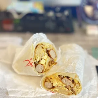 Sausage, Eggs, Cheese, and Potatoes Burrito