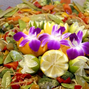 Luau presentation, pasta salad.