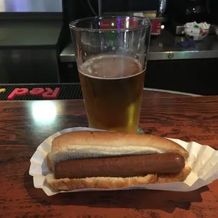 Hot dog and a beer.