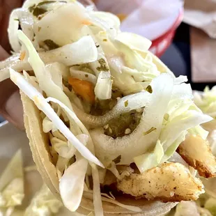 Battered Fish Taco with spicy onions and green salsa.